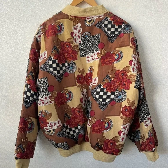 Vintage 90's FUDA International Floral Boho Abstract Silk Bomber Jacket Unisex L - Picture 8 of 12